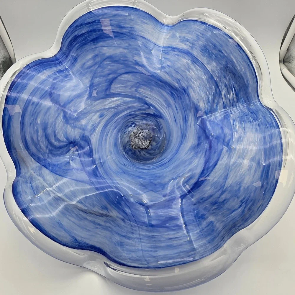 Cristalli d'Oggi Bowl Murano Glass Silver Fruit Base blue White Swirl 12in